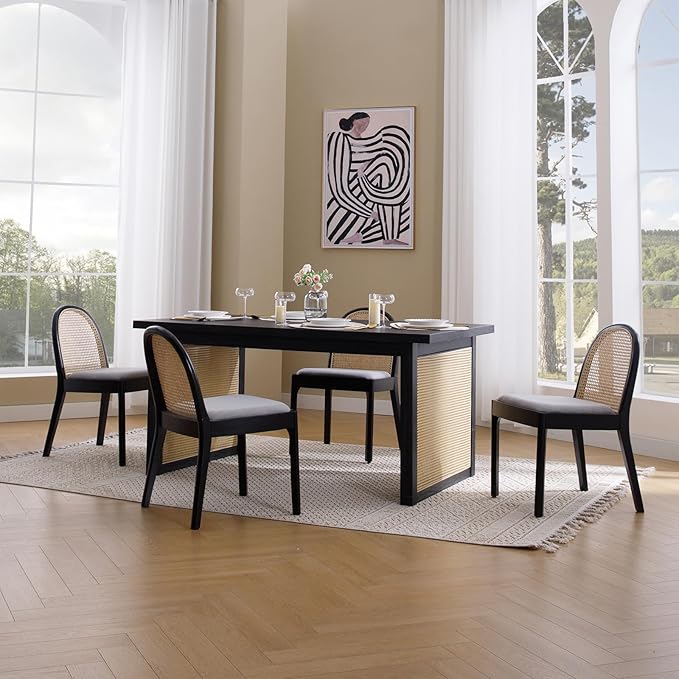 Rattan Dining Chairs Set of 2, Modern Dining Room Chairs with Cane Back Comfy Accent Kitchen Chair Upholstered Linen Fabric Chair for Restaurant/Living Room, Grey