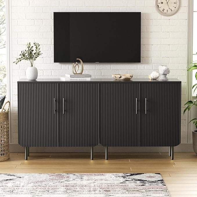 Set of 2 Fluted Black Storage Cabinets, Modern 2-Door Sideboard Buffet Cabinet with Adjustable Shelves and Metal Legs, Accent Cabinet for Kitchen, Living Room, Entryway (Black)