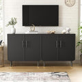 Set of 2 Fluted Black Storage Cabinets, Modern 2-Door Sideboard Buffet Cabinet with Adjustable Shelves and Metal Legs, Accent Cabinet for Kitchen, Living Room, Entryway (Black)
