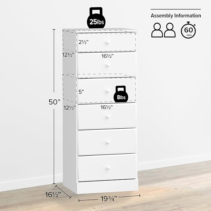 Prepac Astrid Tall White Dresser: 16.5"D x 19.75"W x 50"H, 6-Drawer Chest for Bedroom by Prepac - Perfect Chest of Drawers for Ample Storage