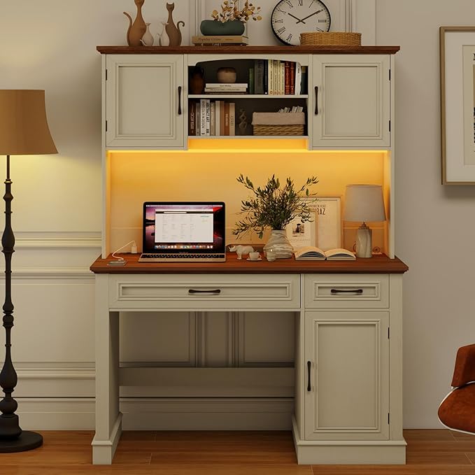 Vabches Farmhouse 47" Executive Desk with Hutch, 2 Drawers and LED Light, Computer Desk with Storage Cabinet and Charging Station,Workstation for Home Office and Study.Unique White