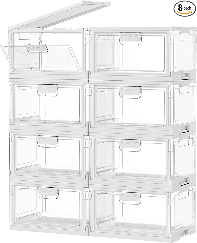 Vtopmart 8 Pack Clear Stackable Storage Bins with Lids 24QT, Foldable Storage Boxes with Doors Open Front, Plastic Closet Organizer for Craft, Toys, Pantry Organization
