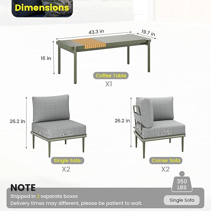 Sundale Outdoor 5 Pieces Metal Patio Furniture Set, Outdoor Sectional Sofa w/6 Inch Olefin Cushion and Coffee Table, Modern Outdoor Conversation Sets (4 Seats, Green Frame)