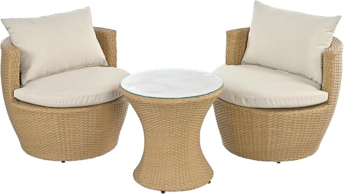 Christopher Knight Home Dessa Patio Conversation Set, Wicker Rattan Club Chairs, Wicker End Table, Accent Chair with Cushions, Mirror Table Top, Conversation Set for Backyard Poolside, Light Brown