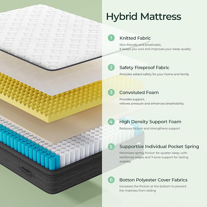 koorlian Queen Mattress 10 Inch - Cooling Hybrid Mattress in a Box for Back Pain Relief - Pocket Spring & Memory Foam | Fiberglass-Free, Medium Firm Feel, CertiPUR-US, 120 Nights Trial