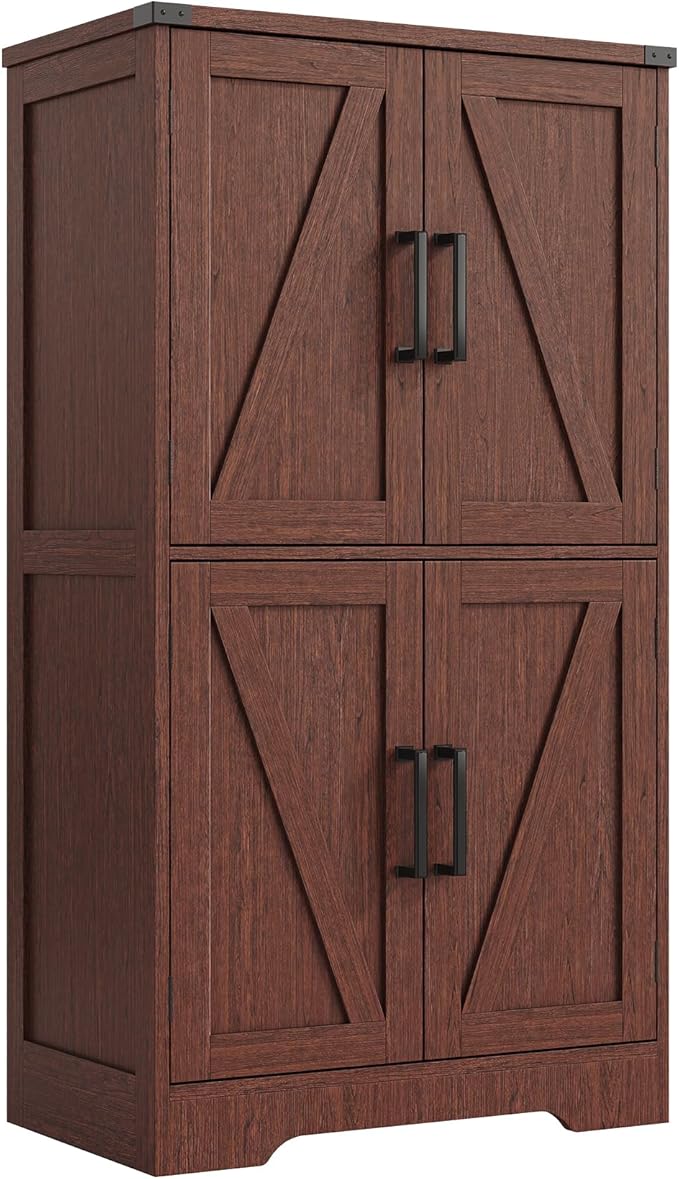 Treocho Bathroom Floor Cabinet, Farmhouse Bathroom Storage Cabinet with Doors and Adjustable Shelves, Freestanding Kitchen Pantry Cabinet, Cupboard for Living Room, Dining Room, Walnut