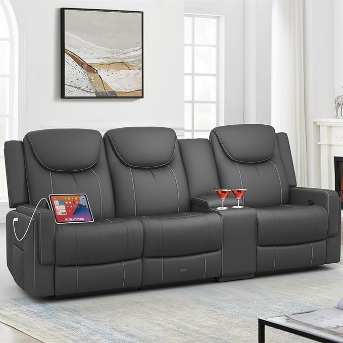 Recliner Sofa, 2 - Way Multi - Function Manual 3 Seater Couch with Cup Holders, Storage & USB Ports, Modern Multifunctional Sofa, Breathable Grey PU Leather Reclining Couch for Living Room