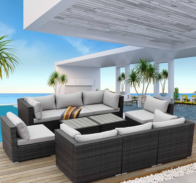 NICESOUL 10 Piece Outdoor Furniture Sofa Set, Extra Large Size Patio Modular Sectional with Side Tables, 29.3'' High Back Comfy Rattan Conversations, High-End Luxurious Grey Wicker Couches Heavy Duty