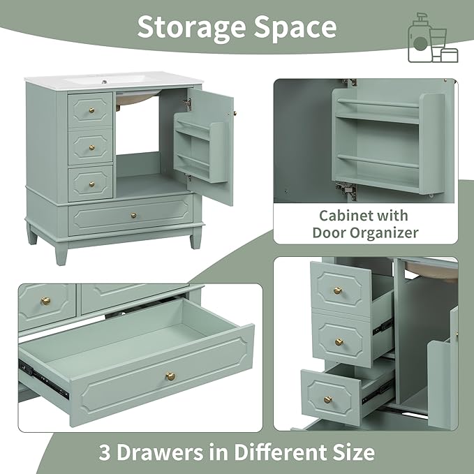 Bathroom Vanity with Ceramic Sink 30 inch, Multi-Functional Storage Cabinet with Drawers and Door Shelf, Solid Wood Frame, Soft-Closing Door, Light Green