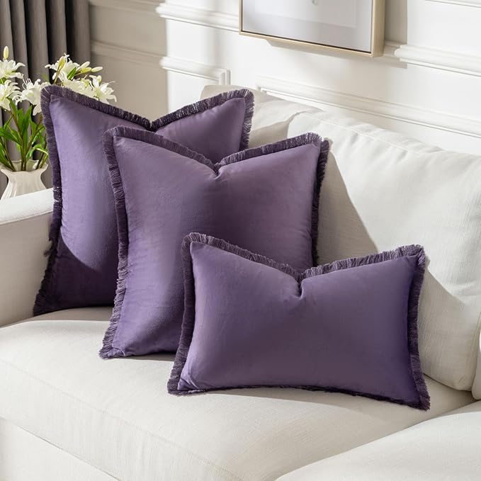 FUTEI Eggplant Purple Velvet Decorative Throw Pillow Covers 22x22 Set of 2,Soft Cozy Edge with Tassels Cushion Case,Boho Modern Home Decor for Couch Bed Living Room