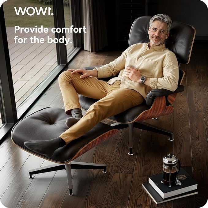 Top Black Grain Leather, Mid Century Chaise Lounge Chair and Ottoman, Modern Chair Classic Design, Palisander Wood, Heavy Duty Base Support for Living Room Office Study