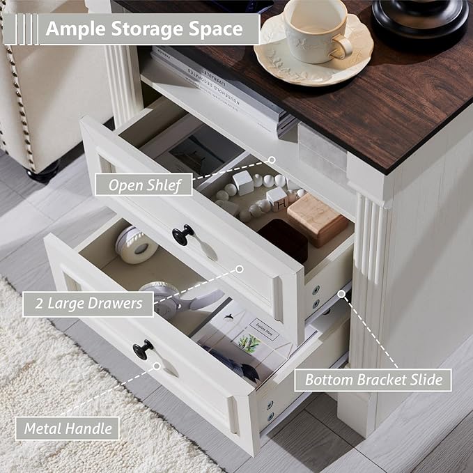 26" Tall 2 Drawers Dresser for Bedroom, Farmhouse 23.6" Wide Large Nightstand with Charging Station, Wood Rustic Side Table w/Roman Column, End Table for Bedroom, Living Room, White