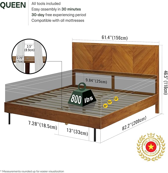 Acacia Alander Bed Frame with Headboard Bed Frame Queen Size Solid Wood Platform Bed, Scandinavian Signature High Headboard Wood Bed Compatible with All Mattress Types, 30 Mins Assembly, Walnut