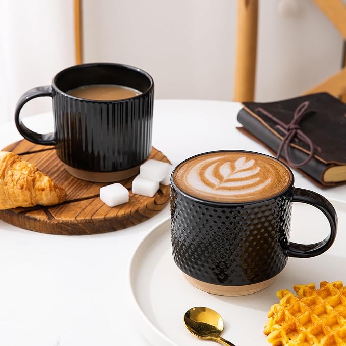 GBHOME 12OZ Stackable Coffee Mugs, Ceramic Coffee Mugs with Texture Patterns for Man,Woman,Dad,Mom, Modern Coffee Mugs Set of 4 for Latte/Cappuccino/Cocoa. Dishwasher&Microwave Safe, Black