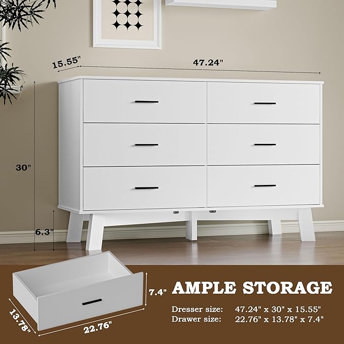 Dresser for Bedroom with 6-Drawer, 47.2" Modern Chest of Drawers with Metal Handles, X-Shape Base & Adjustable Center Leg, Anti-Tip Closet Organizers and Storage