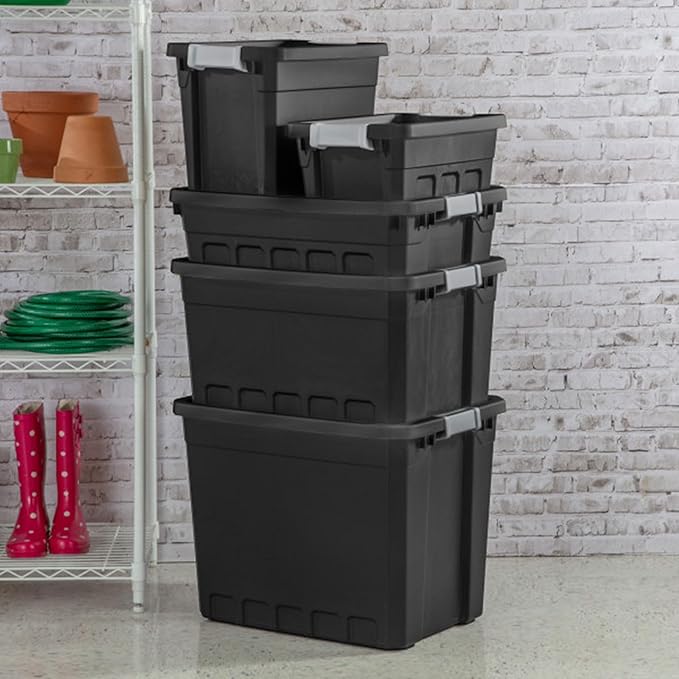 Sterilite 16-Pack Plastic Storage Bins with Lids, Stackable Containers, 27 Gallon, Black