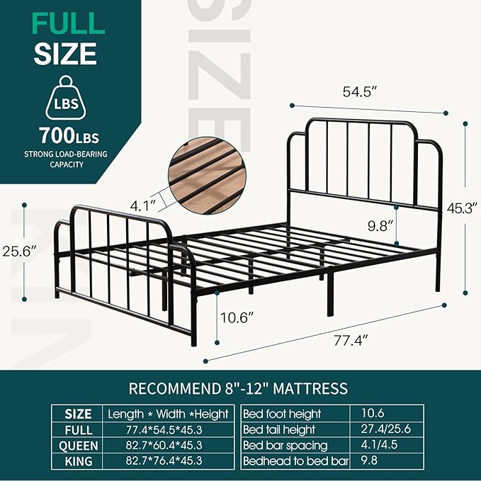 PINJU Metal Platform Bed Frame with Headboard and Footboard, Classic Style, Sturdy Metal Slats, No Box Spring Needed, Easy Installation (Black, Full)