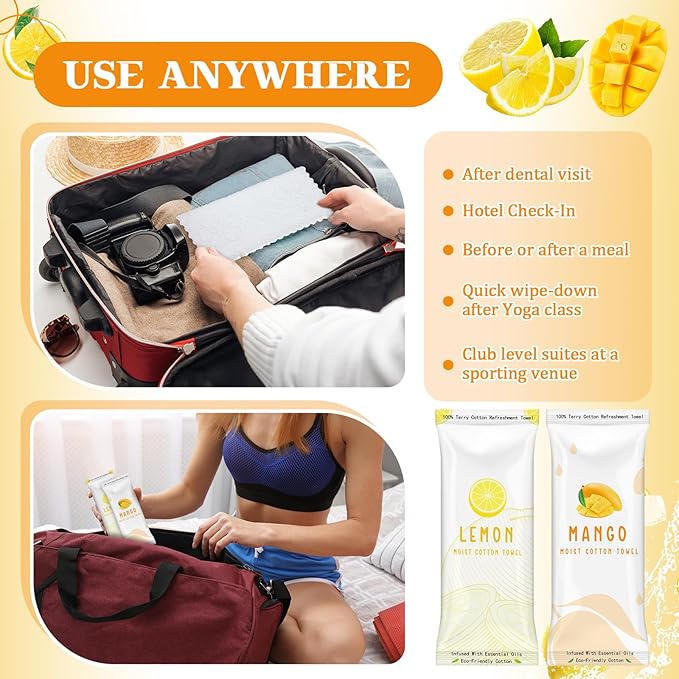 50 Pcs Moist Towelettes Individually Wrapped Scented Disposable Face Towels Essential Oil Infused Moist Terry Cotton Towel for Use Hot or Cold Travel Body Spa (Lemon Mango)