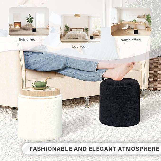 PINPLUS Storage Ottoman Round Boucle Ottoman with Tray, Teddy Velvet Footstool Cube for Living Room, Bedroom, Dorm 13.4"x13.4"x15" (Black)