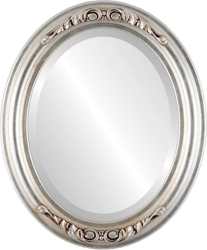OVALCREST Oval Beveled Wall Mirror for Home Decor - Florence Style - Silver Leaf with Brown Antique - 34" x 28"