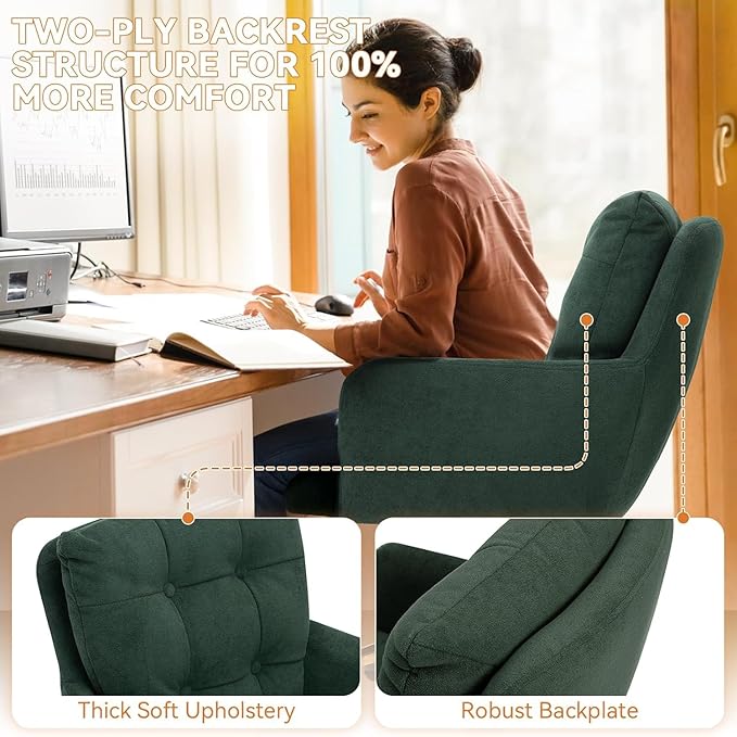 Plush Fabric Office Chair, Comfy Home Office Desk Chairs with Lumbar Support, Modern Plush Fabric Desk Chair Gold Legs Swivel Task Chair for Home Office, Bedroom, Study, Green Upgraded Version