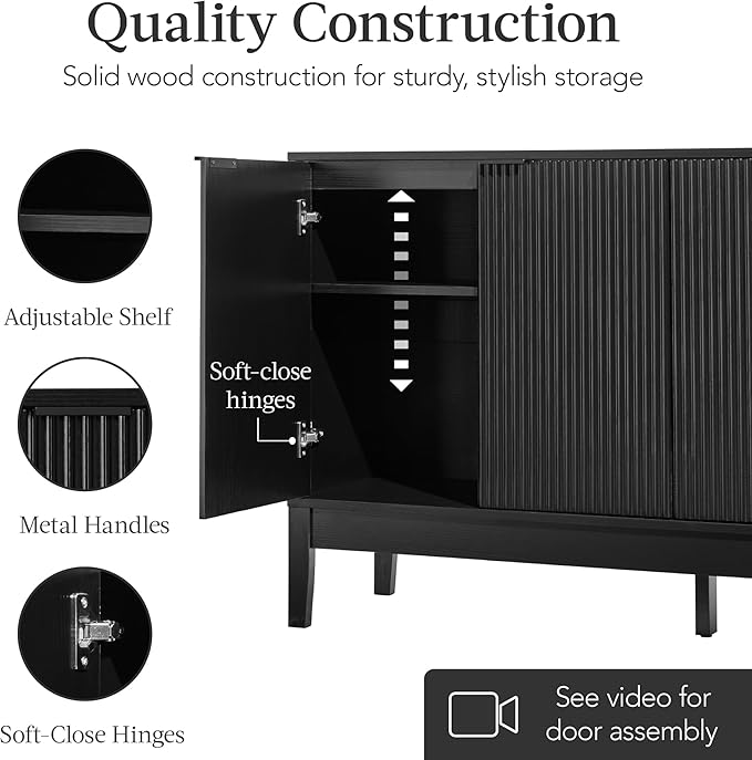 Best Choice Products 55" Modern 4-Door Sideboard Storage Cabinet, Buffet, Media Cabinet, Cupboard, Entryway Accent Table, Bookcase w/Reed Panels and Adjustable Shelves - Black