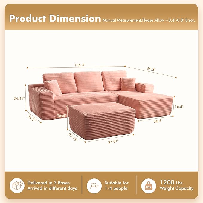 106" Cloud Sectional Couch with L-Shape Chaise & Ottoman, No Assembly Modular Sofa, Deep Seat Plush Corduroy Boneless Couched for Living Room (Pink Plush Corduroy, Right Facing Chaise with Ottoman)
