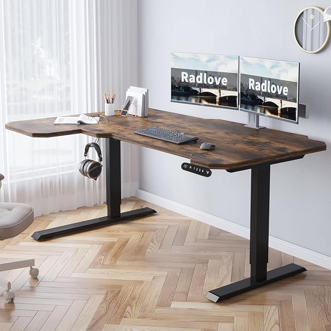 Radlove 59-Inch Large Electric Height Adjustable Computer L-Shaped Desk with Memory Controller Corner Standing Desk Modern Workstation with Splice Board Ergonomic Desk (Black Frame + Rustic Brown Top)