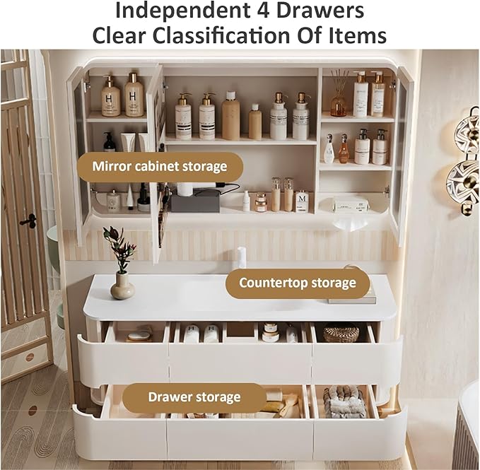 56IN Bathroom Vanity - Bathroom Vanity with Sink with Intelligent Induction Light | Wall-Mounted Bathroom Vanity with Intelligent LED Mirror Cabinet & 6 Drawers, Cream Color