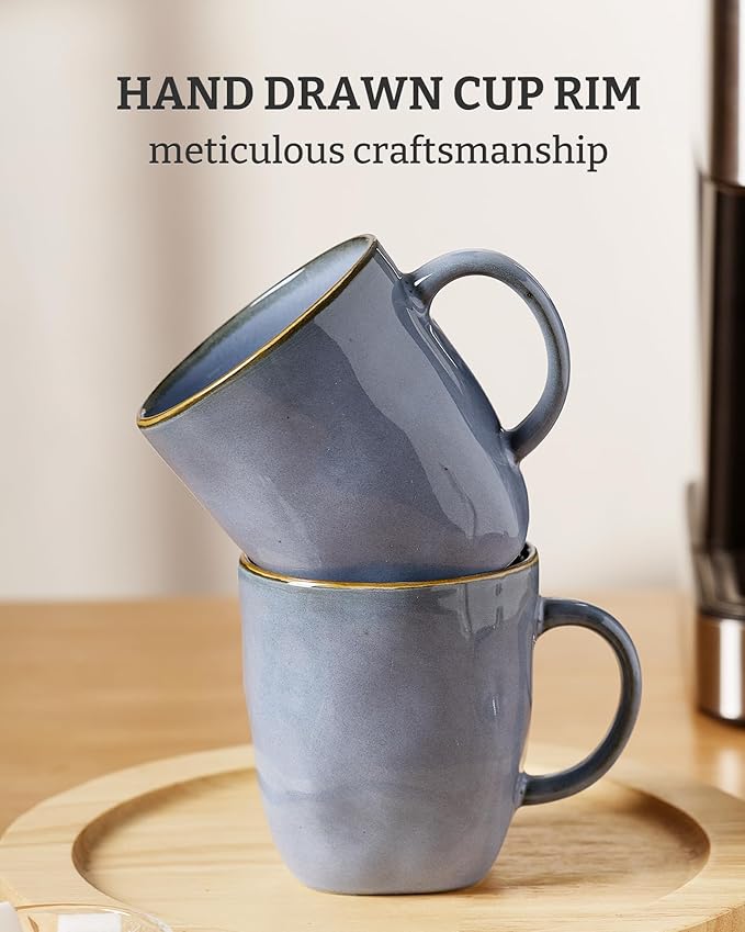 famiware Coffee Mugs Set of 6, Ocean Square 13oz Coffee Cup Set with Handle for Cocoa, Milk, Hot Chocolate, Tea, Water, Stoneware Cups for Kitchen, Microwave and Dishwasher Safe, Blue