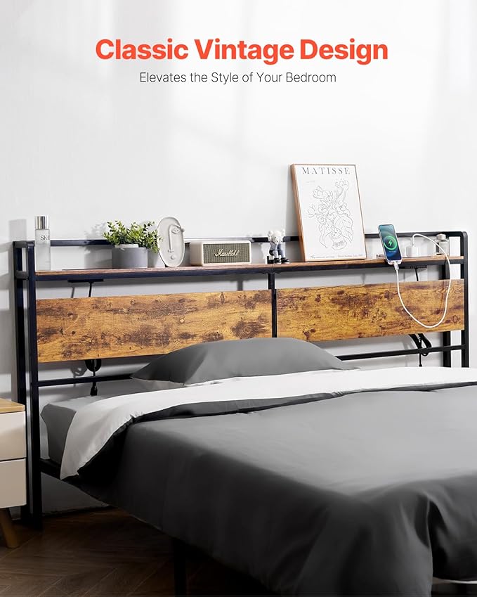 VEVOR Headboard for King Size Bed, Adjustable Height Headboard with Storage Shelf, King Size Freestanding Head Board with Outlets and USB Port for Different Bed Frames, Easy Assembly, Black and Brown