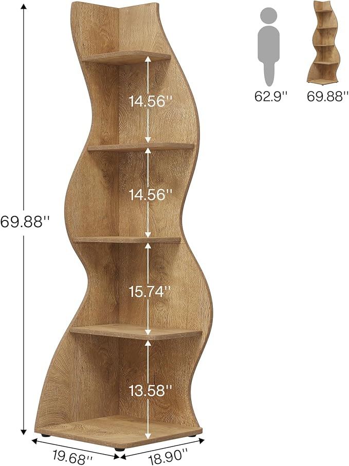 Tribesigns Corner Shelf, Modern 5-Tier Wall Corner Bookshelf, Stylish Corner Small Bookcase Storage Rack Plant Stand with Unique Shape for Living Room, Home Office (Light Brown, 2PCS)