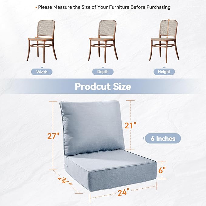 Luxury 6" Outdoor Cushions for Patio Furniture, 24x24x6" Thick Seat Cushion Set, Fade Resistant Couch Chair Replacement Cushions High Density Deep Wicker Chair Cushion with Removable Cover Baby Blue