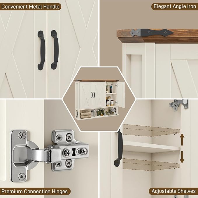 Bathroom Wall Cabinet, Farmhouse Medicine Cabinet with Adjustable Wood Shelf & 3 Doors, Over The Toilet Storage Cabinet for Wall Mounted for Bathroom Laundry Room Kitchen, White and Brown