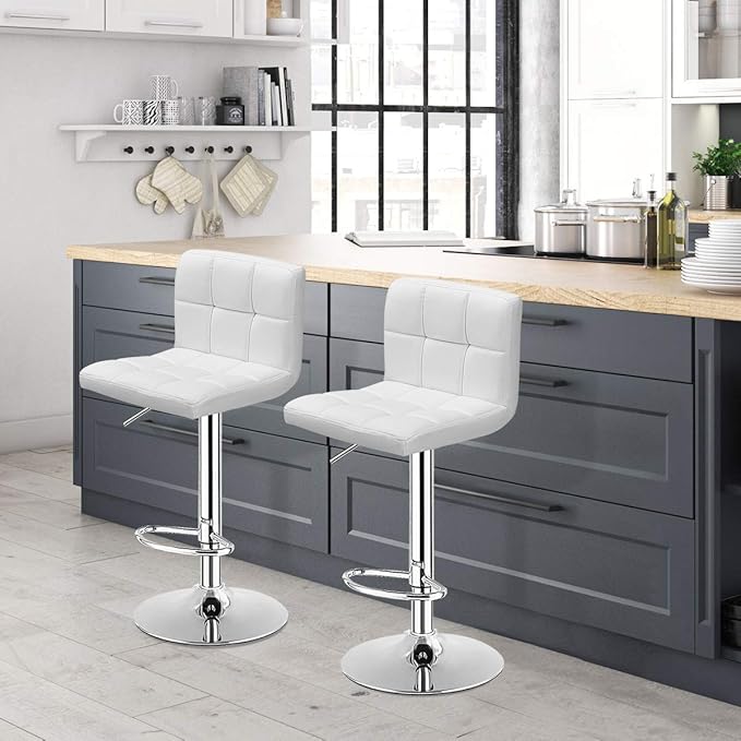 COSTWAY Bar Stools Set of 2, Modern Swivel Adjustable Height PU Leather Barstools with Back, Square Armless Counter Height 2-Pack Bar Chair for Kitchen Island Dining Living Bistro Pub Counter, White