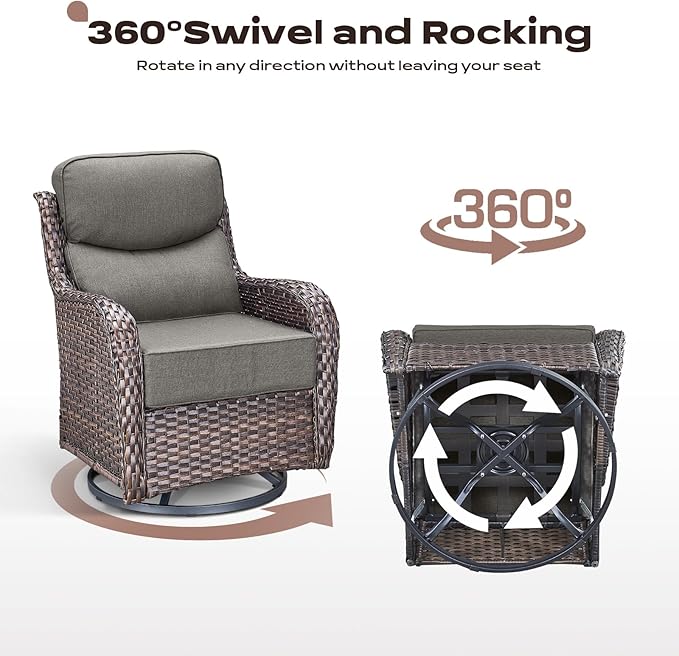 Rilyson Wicker Outdoor Patio Furniture Set - 5 Piece Patio Conversation Sets with Swivel Rocker Chairs, Ottomans and Sofa, 6 inch Cushions, Waterproof Wicker, for Porch Deck Brown/Grey
