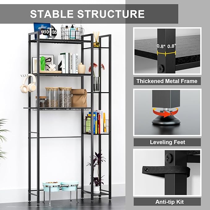 31.5" Wide Over The Toilet Storage, Solid Wood Over Toilet Bathroom Organizer with Paper Holder, Hooks, Side Shelf, 7-Tier Metal Over Toilet Shelves Rack for Laundry, Dorm Room, Balcony, Black