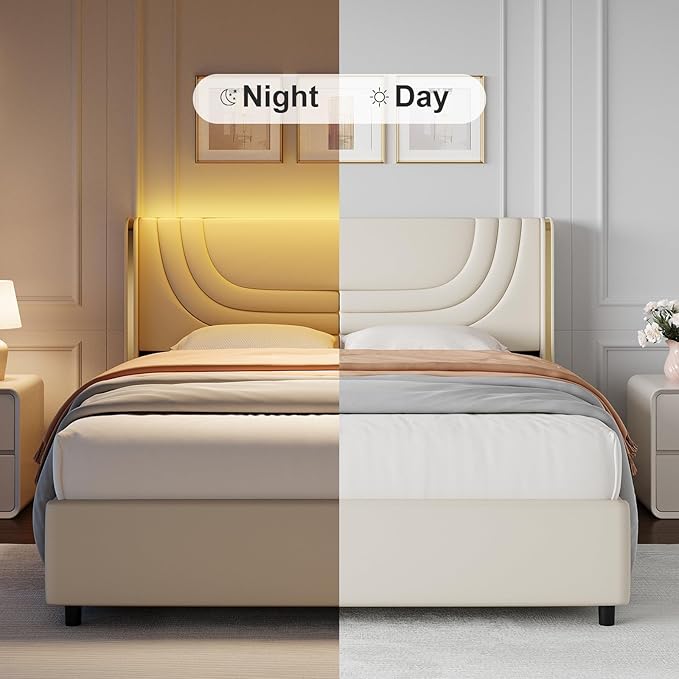 Queen Bed Frame with LED Lights, Faux Leather Upholstered Platform with Silver Wingback Headboard, Modern Style, No Box Spring Needed, Easy Assembly, Cream
