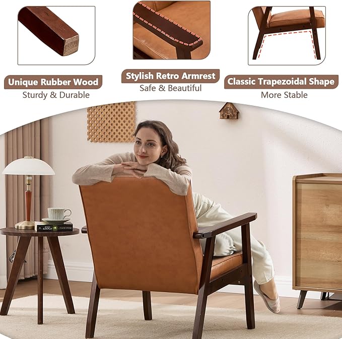 ANJ Mid Century Modern Accent Chair Set of 2 for Living Room, Tufted Faux Leather Armchair, Comfy Retro Bedroom Side Chair with Dark Wood Frame, Orange Brown