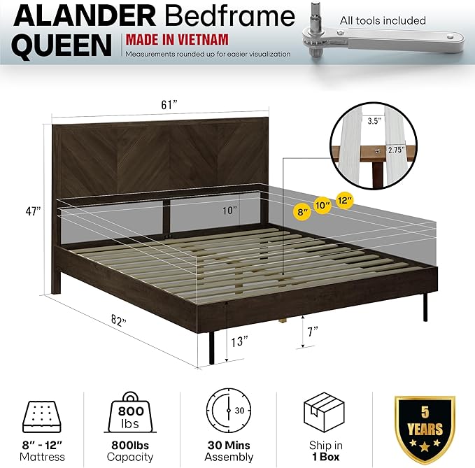 Acacia Alander Bed Frame Queen Size with High Headboard Solid Wood Platform Bed, Tall Headboard Natural Wood Bed Compatible with All Mattresses, Quick & Easy Assembly, No Box Spring Needed, Mocha