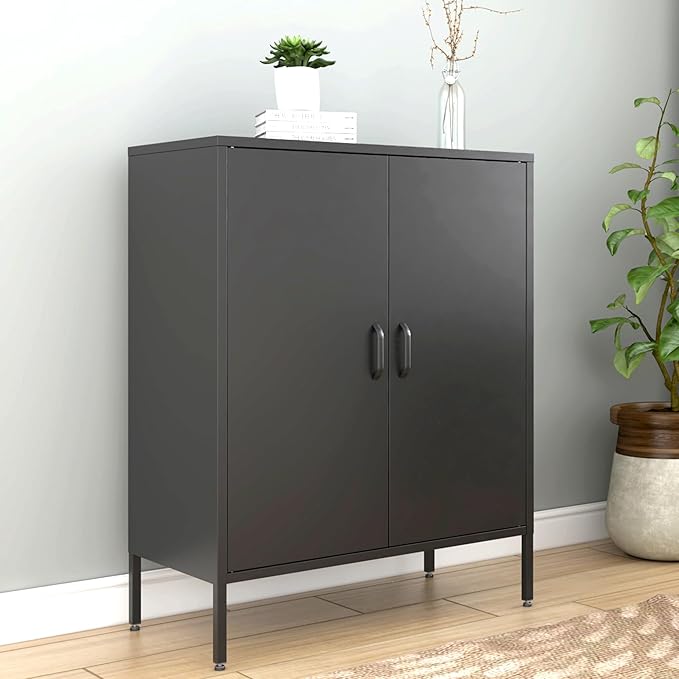 Metal Locker Storage Cabinet, Home Office Metal Storage Cabinet Small Sideboard with 2 Doors and 2 Adjustable Shelves,40" Counter Cabinets for Office Garage Bathroom Living Room Hallway
