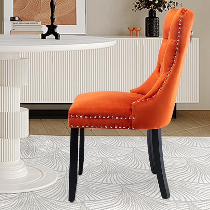 Velvet Upholstered Dining Chairs Set of 6, Modern Style Kitchen Side Chairs with Nailhead Trim and Wood Legs,Metal Pulling Ring for Dining Room Living Room(Orange,Set of 6)