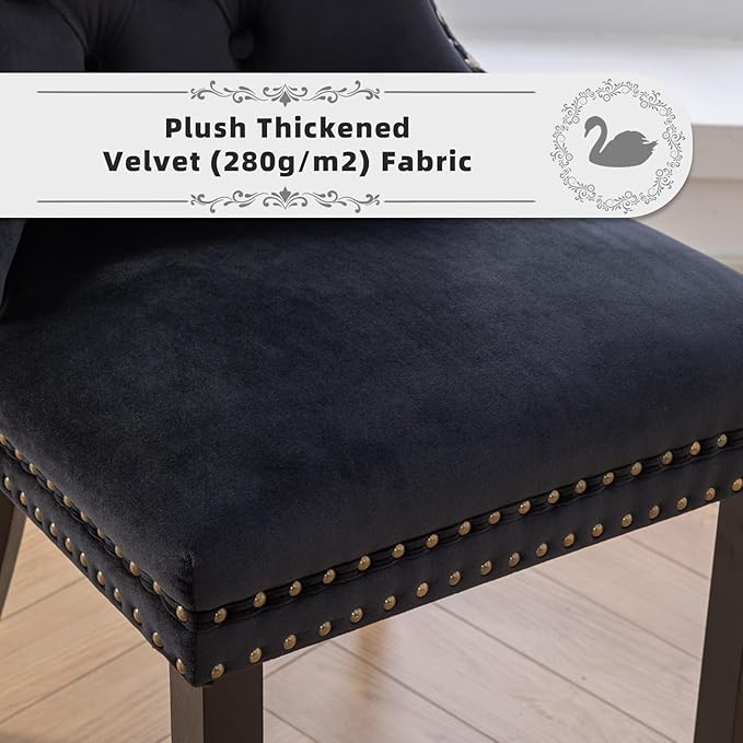 Velvet Upholstered Dining Chairs Set of 6, Modern Style Kitchen Side Chairs with Nailhead Trim and Wood Legs,Metal Pulling Ring for Dining Room Living Room(Quadrangular Star&Black)