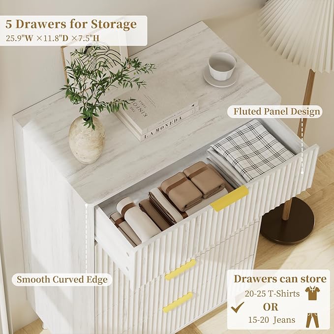 LYNSOM Fluted Dresser and Nightstand Sets 3 Piece, 5-Drawers Dresser and 2-Drawer Nightstands Set of 2, Wood Bedroom Furniture Set for Home, Bedroom, Hallway, White