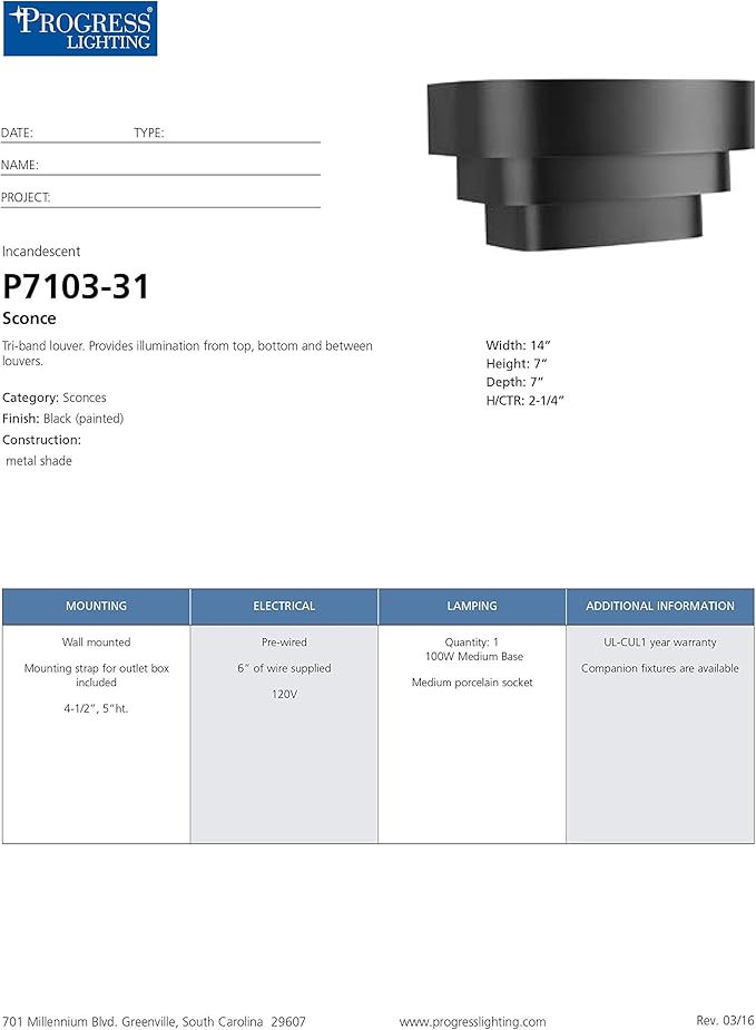 Progress Lighting P7103-31 Black One-Light Wall Sconce, 14-Inch Width X 7-Inch Height,