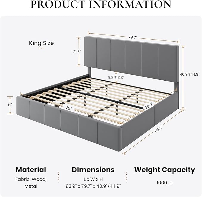 SHA CERLIN King Size Bed Frame, Velvet Upholstered Platform Bed, Vertical Channel Tufted Adjustable Headboard, Low Profile Bed Frame, No Box Spring Needed, Easy Assembly, Grey