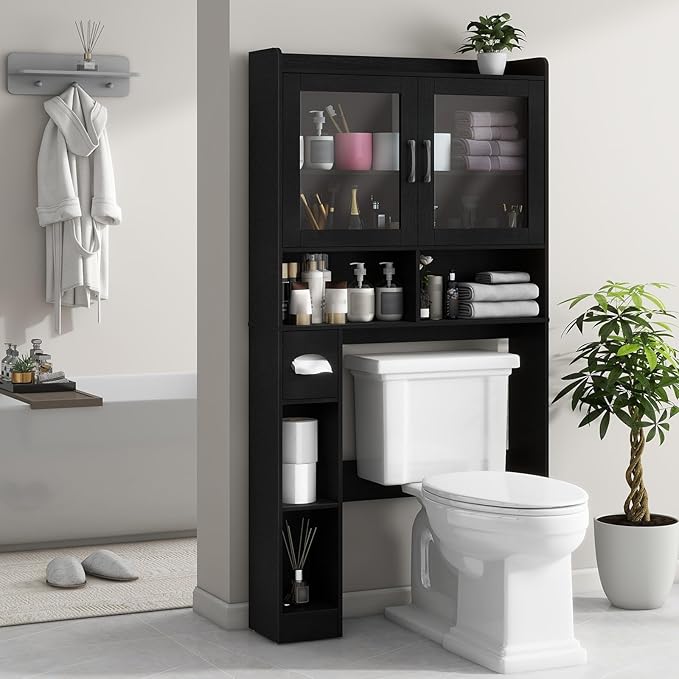 Over-The-Toilet Storage Cabinet, Farmhouse Style with 2 Acrylic Waves Doors, Space-Saving Home Storage Rack for Restroom, Bathroom and Laundry Room.Black.
