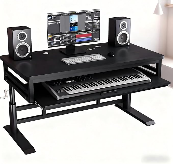 Studio Desk with Keyboard Tray | Hand-Crank Adjustable Standing Desk Workstation for Music Production, Cable Management, MIDI Keyboard Shelf (Black, 70in)