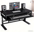 Studio Desk with Keyboard Tray | Hand-Crank Adjustable Standing Desk Workstation for Music Production, Cable Management, MIDI Keyboard Shelf (Black, 70in)