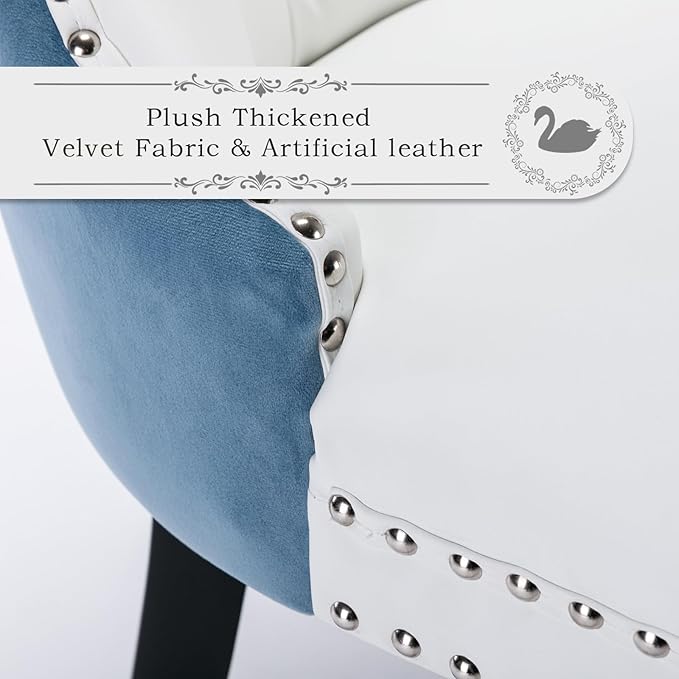 Leather Upholstered Dining Chairs Set of 4, Modern Style Kitchen Side Chairs with Nailhead Trim and Wood Leg, Metal Pulling Ring for Dining Room Living Room(White&Blue,Set of 4)